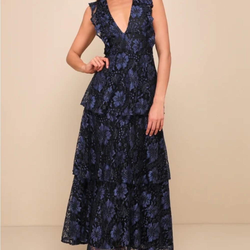 Molinetto Navy Blue Lace Ruffled Tiered Sleeveless Maxi Dress Lulus